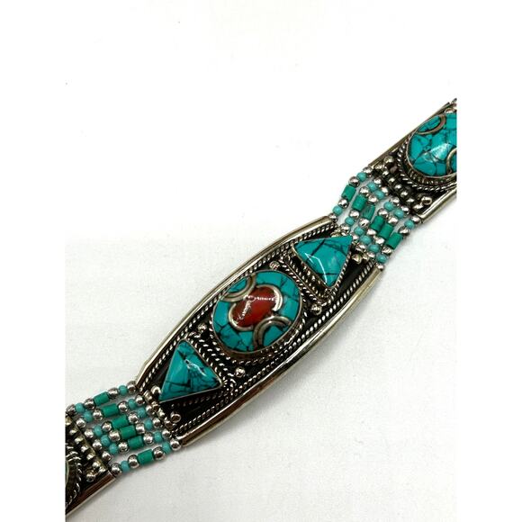 Turquoise & Coral Tibetan Silver Bracelet and Turquoise Earrings Set - Picture 4 of 6